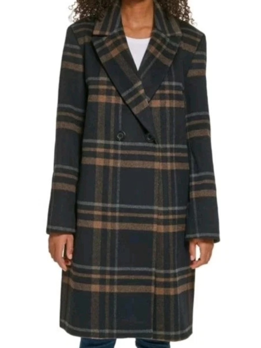 DKNY Plaid Long Wool Blend Coat Black Brown Size L NWT